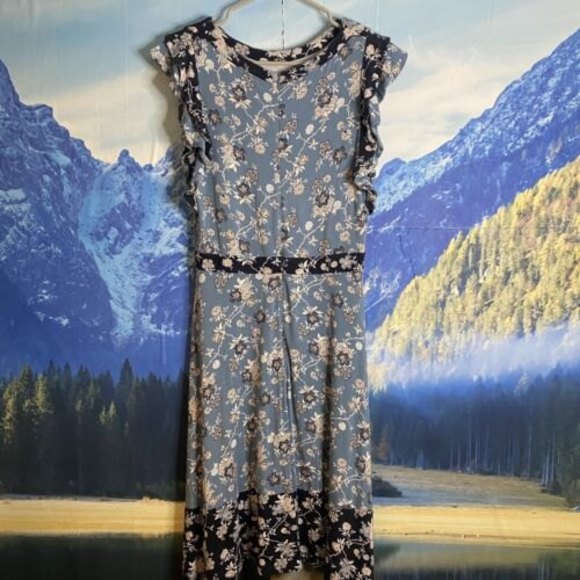 LOFT Blue Floral Jersey Dress with Ruffle Cap Sleeves Size 4 - Picture 1 of 6